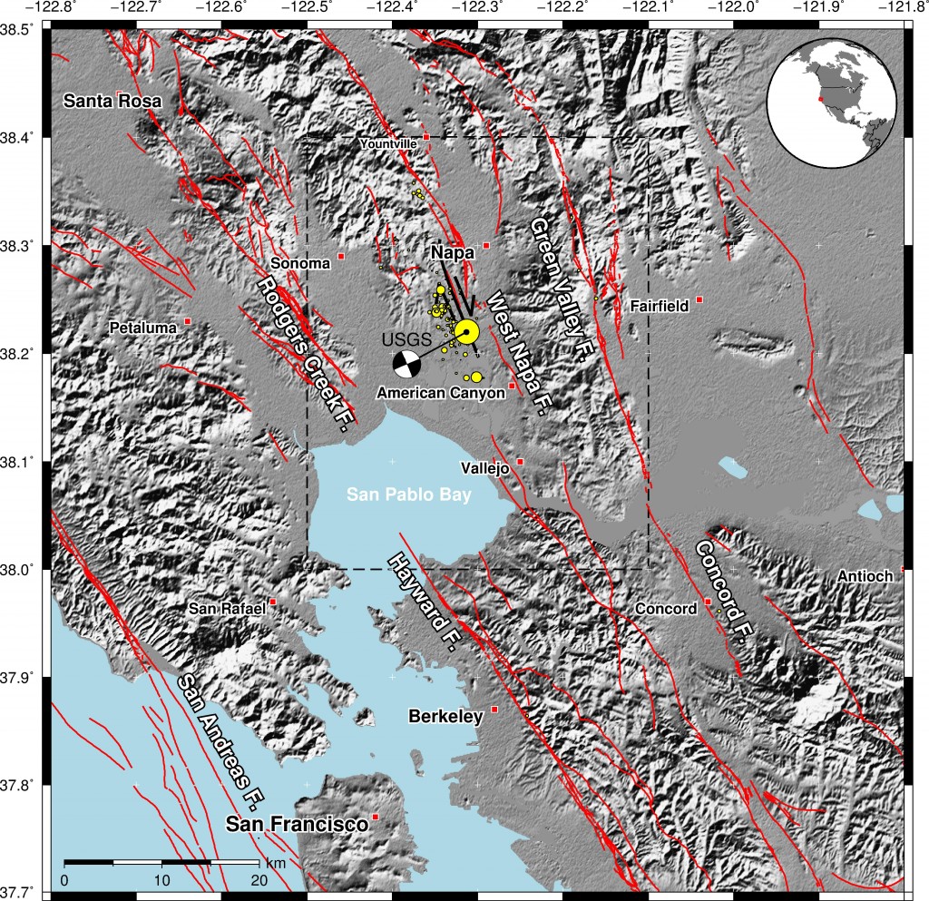 Fault map (red lines) of the region around the Napa Valley earthquake, California. The fault rupture (mapped by UC Davis scientists) resulting from the August 24 earthquake is shown by the black line, south-west of Napa. The mainshock and smaller aftershocks are denoted by the yellow circles. Earthquake locations and existing fault locations sourced from USGS. The dashed line denotes the regions shown in the other figures.